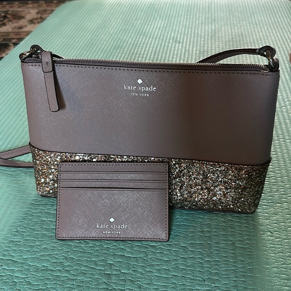 Kate Spade Greta Gray Sparkly Crossbody and Cardholder WKRU5693 - Sold Together